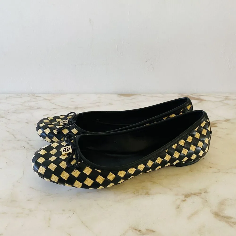 TORY BURCH Black Yellow Woven Ballerina Flats Bow Accent - US 7.5